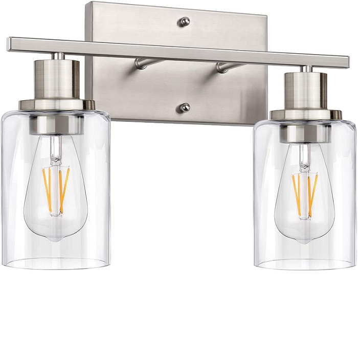 2-Light Bathroom Vanity Light Fixtures, Modern Wall Lighting with Clear Glass Shade, Brushed Nickel Finished Wall Sconce Lighting, Porch Wall Lamp for Mirror, Living Room, Bedroom, Hallway( E26 Base)