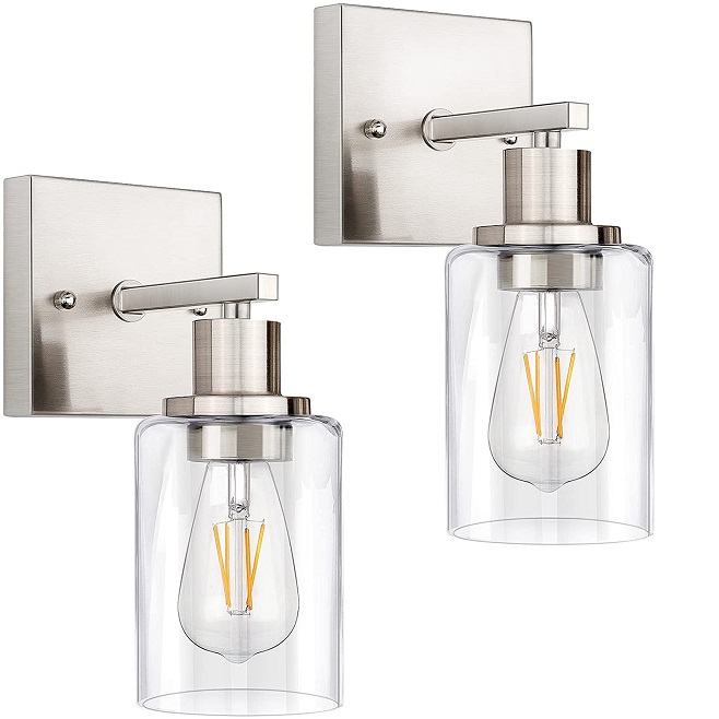 Wall Sconces Set of Two, 1 Light Brushed Nickel Vanity Lights for Bathroom, Modern Wall Light Fixtures, Farmhouse Metal Wall Lamp with Glass Shade, Porch Wall Mount Lights for Mirror Bedroom Hallway